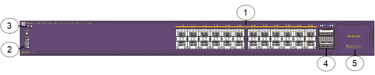 Front panel view of 5520-24X switch showing fixed ports, USB port, LEDs, and VIM slot. Front panel view of 5520-24X switch showing fixed ports, USB port, LEDs, and VIM slot.